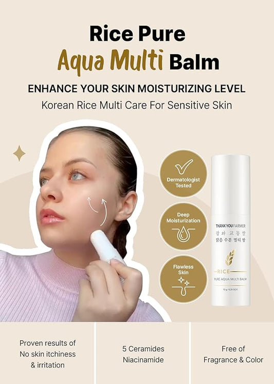 THANKYOU FARMER Rice Pure Aqua Multi Balm - Exclusive Korean Rice Extract, 5 Ceramide, Eye Treatment Balm, Korean Multi Balm Stick for Face, Fragrance-Free