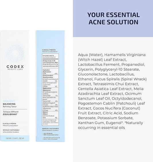 Codex Labs Shaant Refining Toner - Hydration & Pore Minimizer - for Acne Prone Skin - with 2% Gluconolactone - Cruelty-Free, Vegan Skincare (100ml)