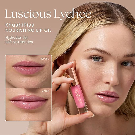 Prakti KhushiKiss Nourishing Lip Oil in Luscious Lychee, Hydrates & Plumps Lips, High-Shine Finish, with Hyaluronic Acid & Peptides, 0.17 oz